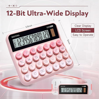 True Mechanical Switch Calculator,12 Digits, Large LCD Display,Big Buttons,Solar and Battery Dual Power Mechanical Keyboard Desktop Pink Calculators,Cute and Aesthetic (Pink, Large)