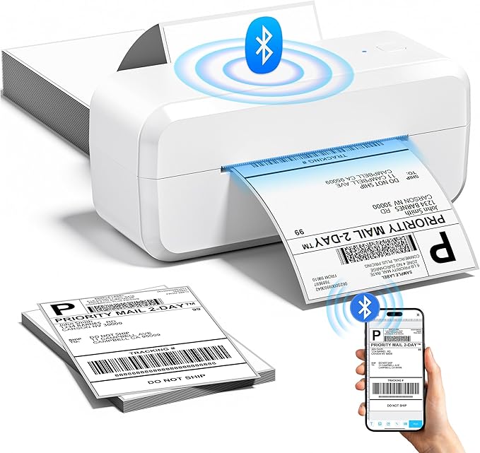 Bluetooth Thermal Label Printer, Shipping Label Printer for 4x6 Shipping Packages & Small Business, Compatible with IOS, Android, Windows and Mac, Widely Used for Ebay, Amazon, Shopify, USPS (White)