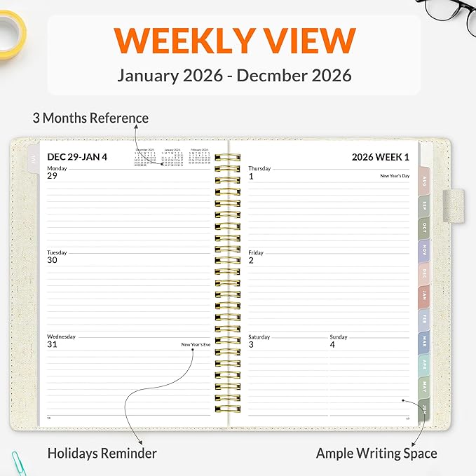 SUNEE 2026 Weekly & Monthly Planner 6.4"x8.5"- 12 Month (January 2026 - December 2026), Vegan Leather Cover, Pocket, Bookmark, Notes, Monthly Tab, Beige