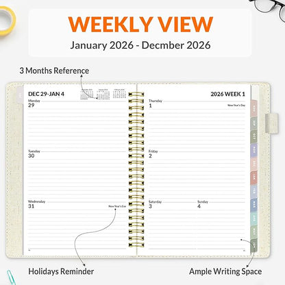 SUNEE 2026 Weekly & Monthly Planner 6.4"x8.5"- 12 Month (January 2026 - December 2026), Vegan Leather Cover, Pocket, Bookmark, Notes, Monthly Tab, Beige