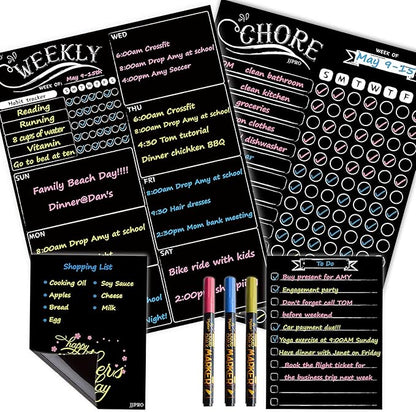 Magnetic Chalkboard Weekly Planner - Reward Chore Chart Blackboard Combo Set with Neon Bright Liquid Chalk Markers - Bonus Grocery List and Notepad Blackboard for Refrigerator Included