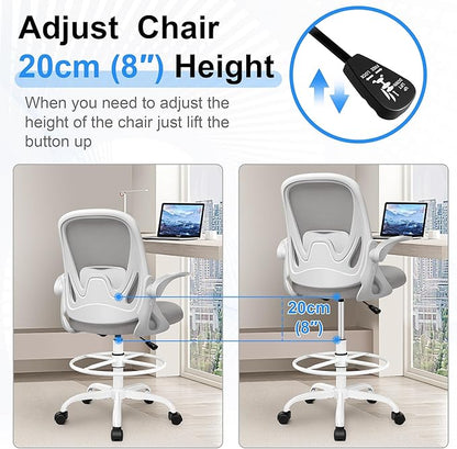 Drafting Chair Tall Office Chair with Flip-up Armrests, Adjustable Height, and Enhanced Lumbar Support - Ergonomic Rolling Stool, Back Support, and Adjustable Foot Rest Ring for Standing Desk Gray
