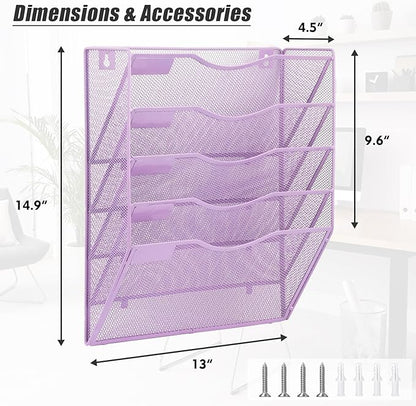 EASEPRES 5 Pocket Mesh Hanging Wall File Organizer, Wall Mounted Mail Paper Document Folder Holder, Clipboard Storage Organization Magazine Rack with Nametag Label for Office Home School, Light Purple