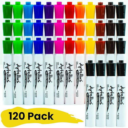 Artellius 120 Bulk Pack of Dry Erase Markers (12 ASSORTED COLORS W/ 21 EXTRA BLACK) - Thick Barrel - Perfect Pens For Writing on Whiteboards, Dry-Erase Boards, Mirrors, & All White Board Surfaces