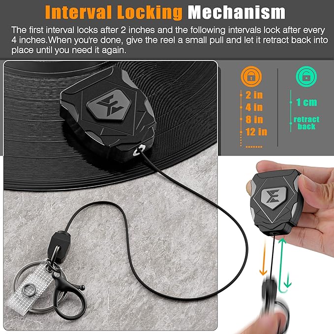 ELV Heavy Duty Retractable Keychain with Interval Locking, Belt Clip and Carabiner, ID Badge Key Reel, Retractable Badge Holder with 31” Dyneema Cord, Key Ring, Lobster Claw Clasp and Phone Tethers