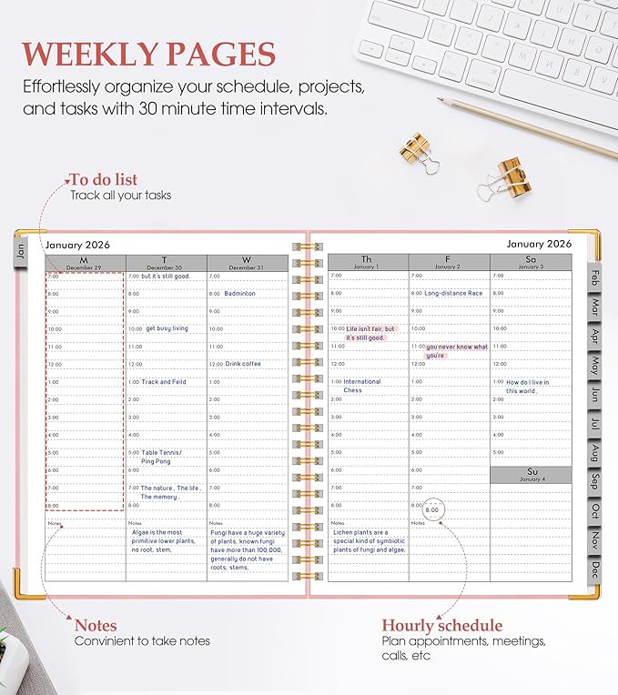 2026 Planner, Weekly and Monthly Calendar Planner from January 2026 - December 2026, 5.75" x 8.38" Hardcover Leather Hourly Appointment Book with Tabs, A5 Spiral Daily Planners for College School Work Home, Pink