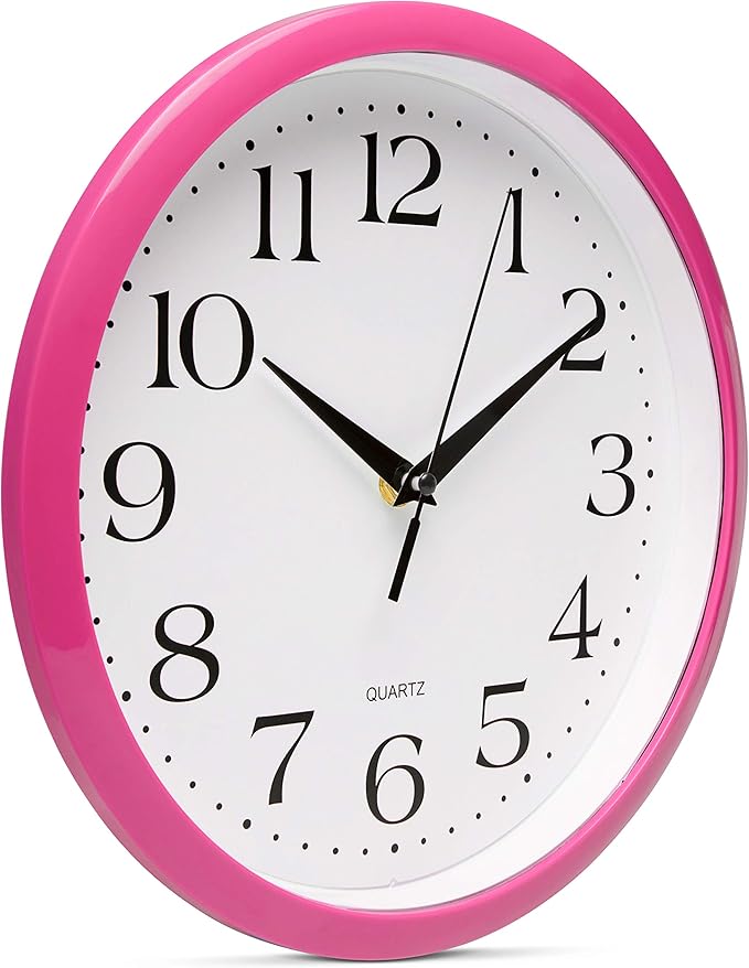 Bernhard Products Pink Wall Clock 10 Inch Silent Non Ticking Battery Operated Quality Quartz Round Easy to Read Home/Office/Kitchen/Nursery/Girl's Bedroom/Classroom/Kids Playroom/School Clock