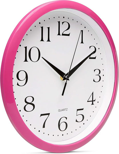 Bernhard Products Pink Wall Clock 10 Inch Silent Non Ticking Battery Operated Quality Quartz Round Easy to Read Home/Office/Kitchen/Nursery/Girl's Bedroom/Classroom/Kids Playroom/School Clock