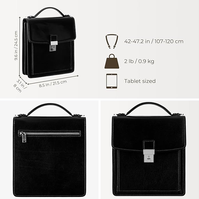 Time Resistance Small Leather Briefcase for Men - Crossbody Bag - Italian Leather Messenger Bag - Gift Box Included