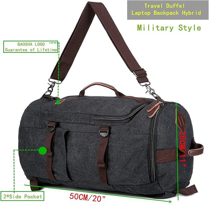 BAOSHA Canvas Weekender Travel Duffel Backpack Hybrid Hiking Rucksack Laptop Backpack for Outdoor Sports Gym HB-26(Black)