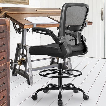 FelixKing Drafting Chair Ergonomic Tall Office Chair, Breathable Mesh Chair with Adjustable Footrest Ring Lumbar Support Flip-up Armrests, High Back Executive Comfy Task Computer Chair for Home Office