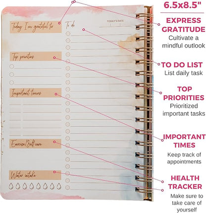 Undated Daily To Do Notebook - Planner Notepad List 6.5x8.5" Cute Colorful Design- Laminated Hard Cover & Rose Gold Spiral Binding- 302 Pages- Daily Task & Lined Notes Pages