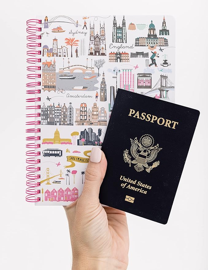 Steel Mill & Co Cute Mini Spiral Notebook, 8.25" x 6.25" Journal with Durable Hardcover and 160 Lined Pages, Travel Icons