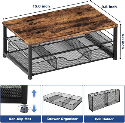 Desk Organizers and Accessories, 2-Tier Computer Monitor Stand for Desk Organizer with Drawer and 2 Pen Holders, Office Desk Accessories Workspace Desktop Organizers for Office Supplies, Brown