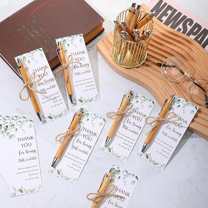 Fulmoon 120 Set Employee Appreciation Gifts May You Be Proud Sign Wood Bamboo Pens with Thank You Bookmark Cards for Coworker Back to School Gifts for Classroom Teacher Student Supplies Party Favor
