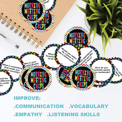100 Morning Meeting Chips Questions Cards for Kids, Conversation Starters, Primary Students Response Cards, Learn and Improve Listening & Communication, Vocabulary, Social Skill