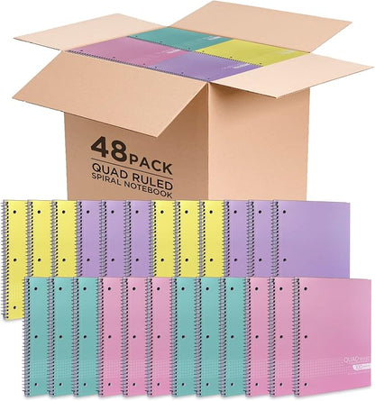 Graph Paper Spiral Notebook - Graph Paper Notebook, Quad Ruled Grid Notebooks, Perforated Pages - 10.5 X 8 Inches - 1 Subject Wirebound Notebook - Assorted Colors - 100 Sheets per Book - (Bulk - 48 Pack)