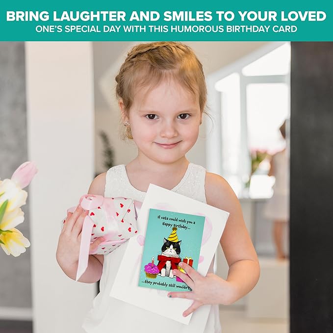 Decorably Gold-Foiled 5x7in Individual Funny Cat Birthday Card with Birthday-Themed Cutouts and Ribbon, Textured Cat Card Set with Envelope and Stickers, with Printed Message Inside