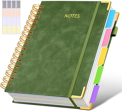 Hardcover Spiral Notebook journal with Removable Dividers Tabs, 300 Pages Leather 5 Subject Notebook College Ruled, 100GMS A5 Notebooks for Work School Note taking,Lined Journal for Women,A5-Green