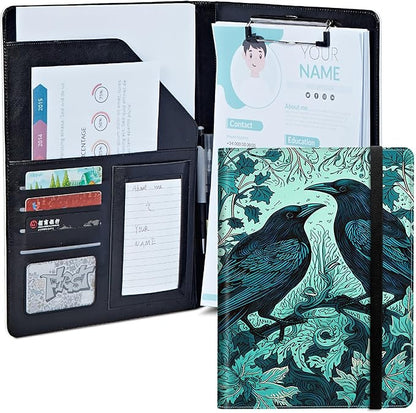 Ravens On Branches Padfolio Folder with Clipboard,Portfolios Organizer Clipboards with Storage Clipboard Writing Pad PU Leather Conference Document Organizer with Business Card Holder