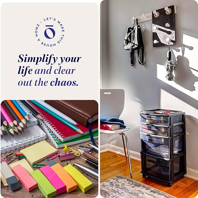 HOMZ 4-Drawer Plastic Storage Cart, Home & Office Rolling Organizer, Black-Clear