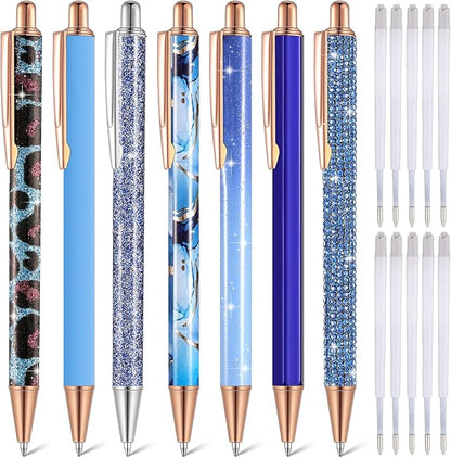 Sherr 7 Pcs Fancy Pens for Women Cute Sparkly Glitter Pens with 10 Pcs Black Ink Refills Pretty Gifts for Girls Office School Christmas Graduation(Dark Blue,Adorable)