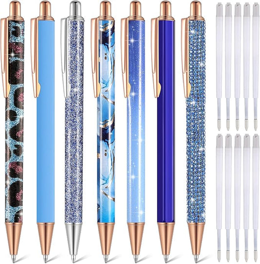 Sherr 7 Pcs Fancy Pens for Women Cute Sparkly Glitter Pens with 10 Pcs Black Ink Refills Pretty Gifts for Girls Office School Christmas Graduation(Dark Blue,Adorable)