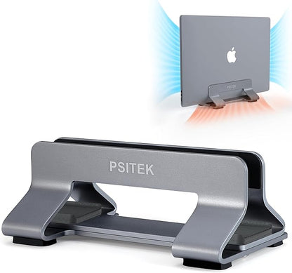 Aluminum Vertical Laptop Stand Dock Holder, Adjustable Slot Width 12-42mm, Space-Saving Upright Storage for MacBook and Laptops