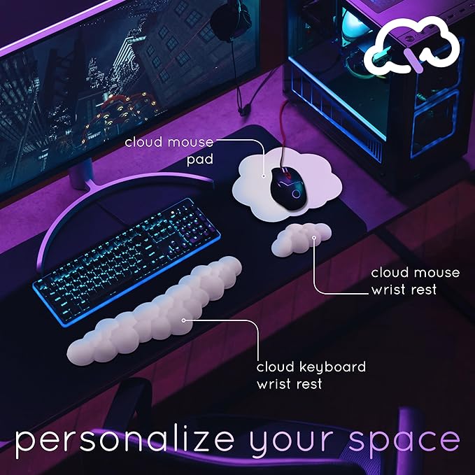 Qloud Cloud Wrist Rest Keyboard Wrist Rest for Computer Keyboard Pad, Cloud Keyboard Wrist Rest, Wrist Pad for Keyboard, Memory Foam, Non Slip Base, Comes with Mouse Pad - Rainbow