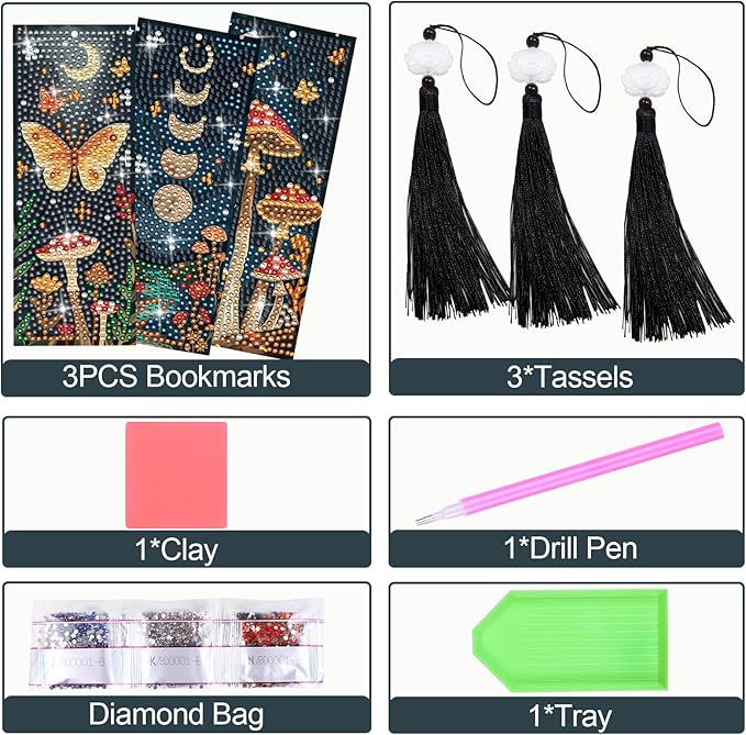 Anseal 3 Pcs 5D Diamond Bookmarks Painting for Book Lovers, Mushroom PU Leather Diamond Dotz Art Bookmark for Adults, Tassel Beaded Book Mark for Graduation Birthday Reading Present