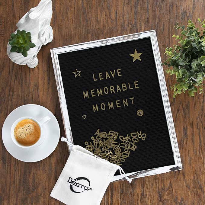Felt Letter Board with Rustic Vintage Frame and Stand 12x16 inch,Black Changeable Letter and Message Board Includes 792 Letters, Numbers and Symbols, Hook to Hang, 2 Canvas Bags