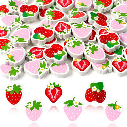 CJiangpo 60Pcs Strawberry Mini Eraser for Kids Bulk - Cute Fruit Pencil Rubber Eraser Birthday Party Favors Filler Back to School Classroom Prizes Gifts