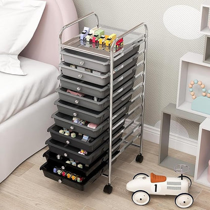 Storage Cart, Rolling Utility Cart with 10 Drawers, Portable Handles & Lockable Wheels, Mobile Paper Toys Storage Organizer Large Capacity for Home Office School Teacher (Gradient Black)