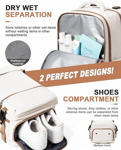 Travel Backpack for Women Men, Flight Approved Carry on Backpack with Shoe Compartment, Waterproof Laptop Backpack Personal Item Travel Bag - Ideal for Weedender, Hiking, Sport & Gym, Beige with Brown