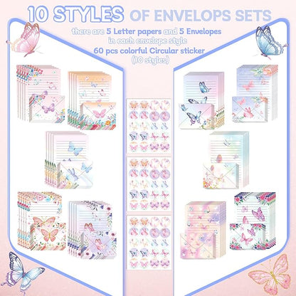 TaoBary 160 Packs Stationery Paper Set (50 Double Sided Stationery Writing Papers 50 Matching Envelopes) 60 Round Dot Sticker, 10 Design(Watercolor Butterfly,8.5 x 11 Inch)