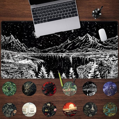 Black and White Desk Mat Dark Nature Forest Mouse pad XXL Starry Night Mountain Desk pad Aesthetic Moon and Stars Mousepad XXL for Laptop Computer Mouse Gaming Keyboard Mat, 31.5 X 15.8 in