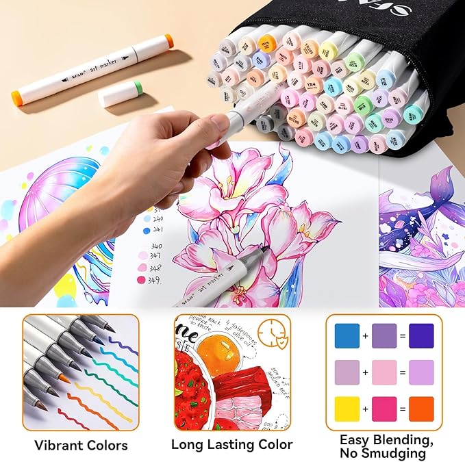 SFAIH Pastel Alcohol Markers Brush Tip - 51 Colors Double Tipped Art Markers for Artist Adult Coloring Illustration, Gifts for Artist Adult, Dual Tip Brush & Chisel - Refillable Ink