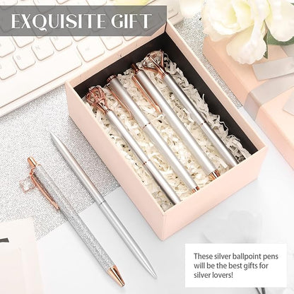 6 Pcs Ballpoint Pens Set Metal Crystal Diamond Pen for Journaling Glitter Pretty Cute Stationery Black Ink Fancy Gifts for Women Girls Teacher Office Wedding School Supplies(Silver)