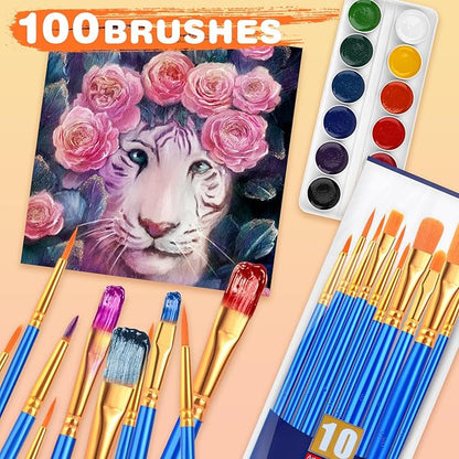ESRICH Acrylic Paint Brushes Set, 10 Packs/ 100 Pcs Watercolor Brushes,Nylon Brush Head, for Oil Painting, Gouache, Face,Ceramics etc, Kid's and Adults Painting Arts and Crafts Paint Sets.