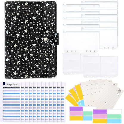 35 Pieces A6 Binder PVC Cover with 10 Clear Binder Pockets, Waterproof 6-Ring Budget Binder Envelopes System Budget Planner Organizer, Budget Sheets & Card Bags & Papers & Label for Cash Envelopes