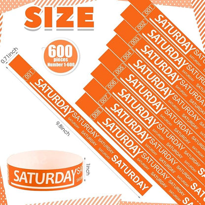 Henoyso 600 Pcs Saturday Paper Wristbands Event Wristbands Paper Bracelets Wristbands Numbered Waterproof Party Wristbands for Events Day of The Week(Orange)