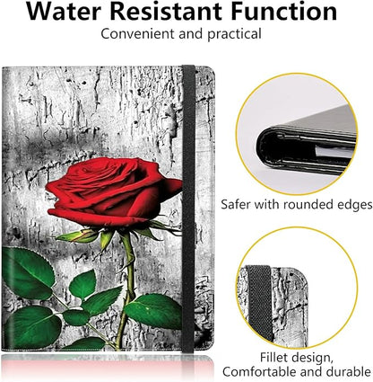 PU Leather Padfolio Clipboard Notepad with Pen Loop and Elastic Strap Interview/Resume Document Organizer for Business School Office,Elegant Red Rose