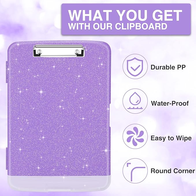 Sooez Glitter Clipboard with Storage, High Capacity Clip Boards 8.5x11 with Pen Holder, Cute Clipboards with Low Profile Clip, Sparkle Plastic Clip Board Case Box for Women & Kids, Side Opening