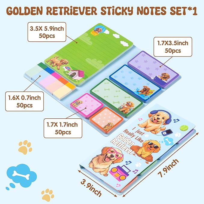 B1ykin Sticky Notes Set - Cartoon Theme Cute Self-Stick Notes Pad Teacher Appreciation Gifts， Self-Adhesive Writing Memo Pages Sticky to Do Notepad for Kids Employee School Office (Golden Retriever)