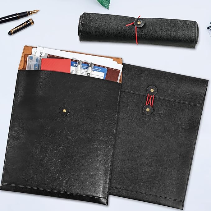 Black A4 PU Leather File Folders for Documents,Important Private File Organizer with String Tie Closure,Laptop Sleeve Notebook Case,Leather Portfolio Binder Envelopes, Filing Folder 1PC