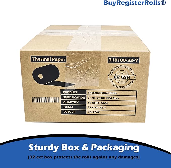 (32 Rolls) 3 1/8 x 180 Yellow Thermal Paper Receipt Rolls (60 GSM Paper Thickness) fits all Clover POS Cash Register Printers, Yellow Thermal Paper from BuyRegisterRolls
