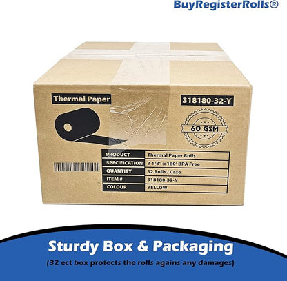 (32 Rolls) 3 1/8 x 180 Yellow Thermal Paper Receipt Rolls (60 GSM Paper Thickness) fits all Clover POS Cash Register Printers, Yellow Thermal Paper from BuyRegisterRolls