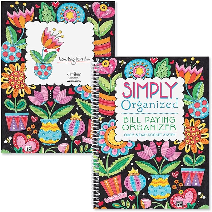 ©Mary Engelbreit Bill Paying Organizer Book - Personal Account book, 9" by 12 inch, Spiral-Bound, 14 Pockets, 32 Label Stickers, Bill Tracking