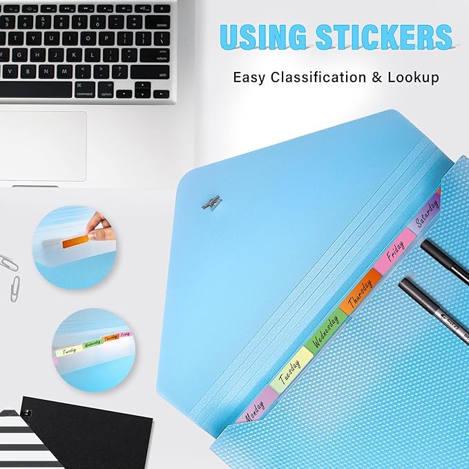 Nicecho Expanding File Folder, 7 Pockets Accordion File Organizer, A4 Letter Size Paper Document Receipt Organizer Accordian Filing Folder for Classroom, Home, Office and Travel (Blue)