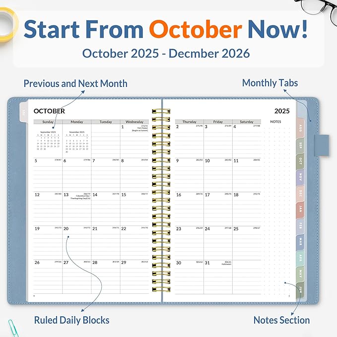 SUNEE 2026 Weekly & Monthly Planner 6.4"x8.5"- 12 Month (January 2026 - December 2026), Vegan Leather Cover, Pocket, Bookmark, Notes, Monthly Tab, Gray Blue